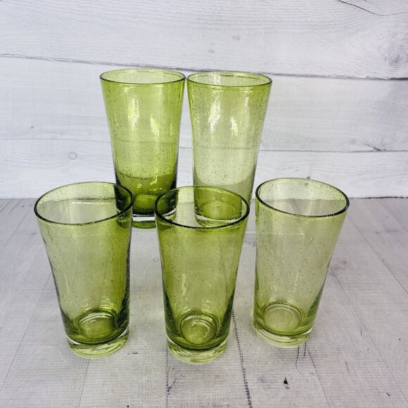 Hand-Blown Weighted Base Flared Artisan Mexico Lime Green Glass Tumbler Set of 5 - Picture 6 of 16